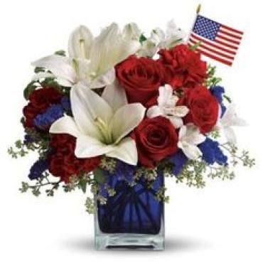 Patriotic/Roses,Lily,Statice,Carnation,Alstro,Flag