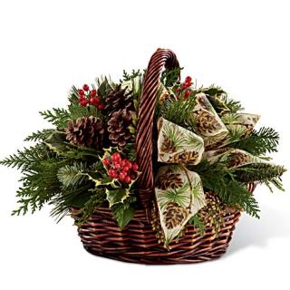 Christmas Green Basket/Greenery,Pine Cones,Holly