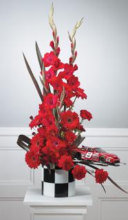 Red Arrangement with Racing Accents/Car,Glads,Gerbs