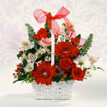 Red & White Delight/Gerbs,Alstro,Roses,Fox tail,Dasies,Hypericum