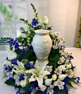 Urn Arrangement/Lilies,Carns,Alstro,Delphinium,Roses