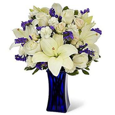 Bright Blue And White/Roses,Lilies,Statice,Mini Carns