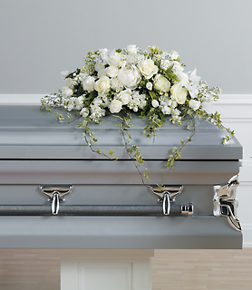 A White Casket Spray/Iris,Roses,Stock,Carns