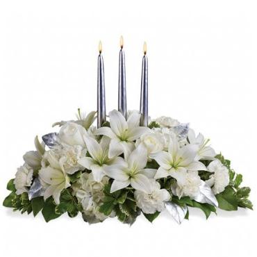 Silver White Center Piece/Carnations,Lilly,Hydrangea