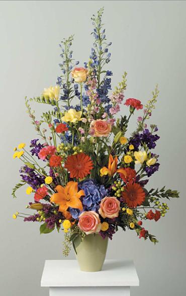 Rainbow Stylized Vase/Roses,Gerbs,Lilliy,Hydrangea,Buttons,Delph