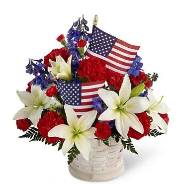 Patriotic Arrangement/Lily,Carnation,Delphenium,flags