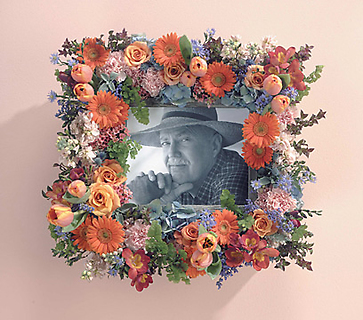 Peach Memorial Picture Frame/Tulips,Roses,Gerbs Hydrangea,