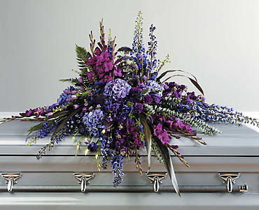 A Purple Tone-on-Tone Casket Spray/Glad,Stock,Hydrangea,Carns