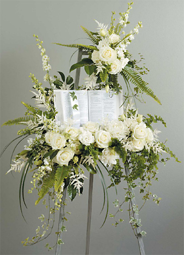 White Standing Spray with Bible/Stock,Roses,Astilbe,Dahlias