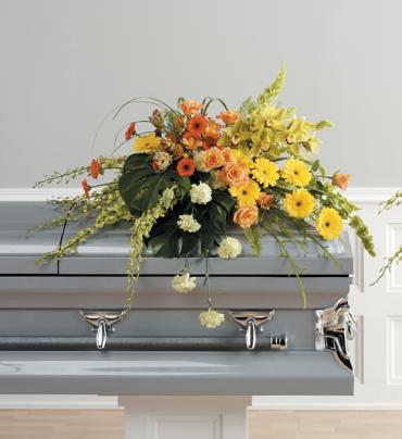 A Orange and Yellow Casket spray/Gerbs,Roses,Orchids,Tulips