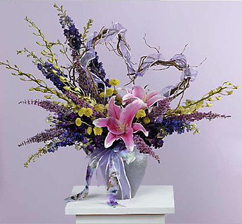Vase Arrangement with Curly Willow Heart/Liily,Orchid,Delphenium