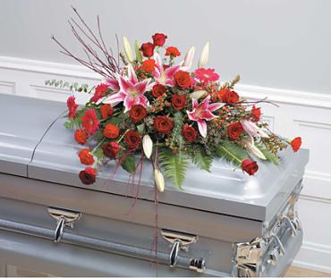 Red Casket Spray/Roses,Gerbs,Lillies,Carns