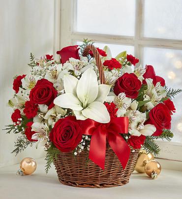 Christmas Basket/Lilies,Roses,Alstromeria,Baby Breath