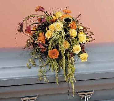 Orange and Yellow Cascading Casket Spray/Cali Lillies,Gerbs,Rose