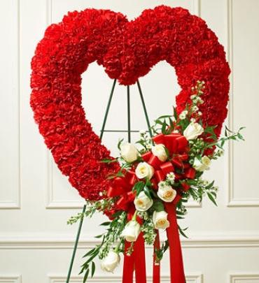 Red Open Heart/Carnations and white Roses