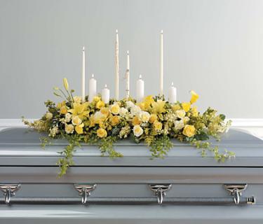 A Yellow casket Spray with Rosary & Candles/Roses,Lillies,Stock