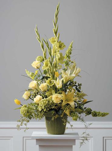 Yellow Mache Arrangement/Roses,Glads,Lillies,Hydrangea,Tulips