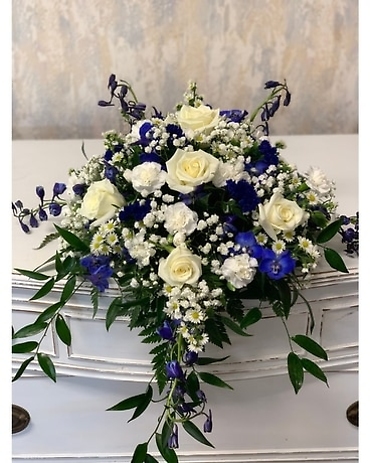 Infant Casket Spray/Delphinium, Rose, Carns