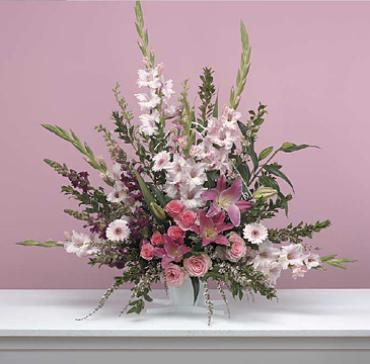 Traditional Pink Fan Arrangement/Glads,Snaps,Lillies,Roses