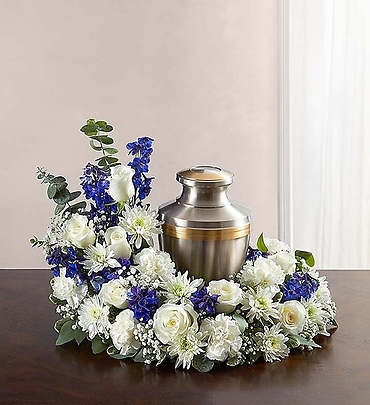 Urn Arrangement/Carns,Roses,Mums,Delphinium