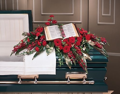 A Casket Spray/Snaps,Roses,Gerbs,,Carns, and Bible